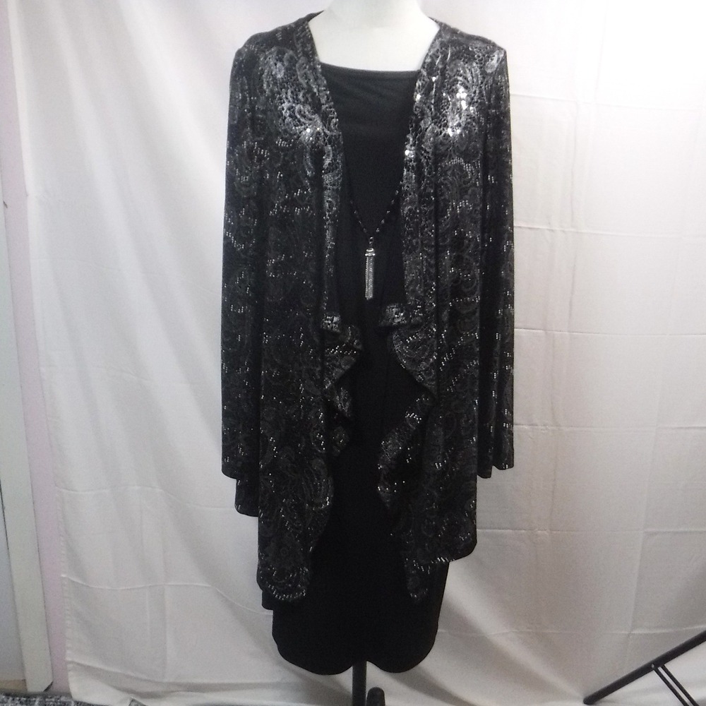 Jessica Howard Womens Black Sequin Lace Jacket Dress Set with Necklace Size 14